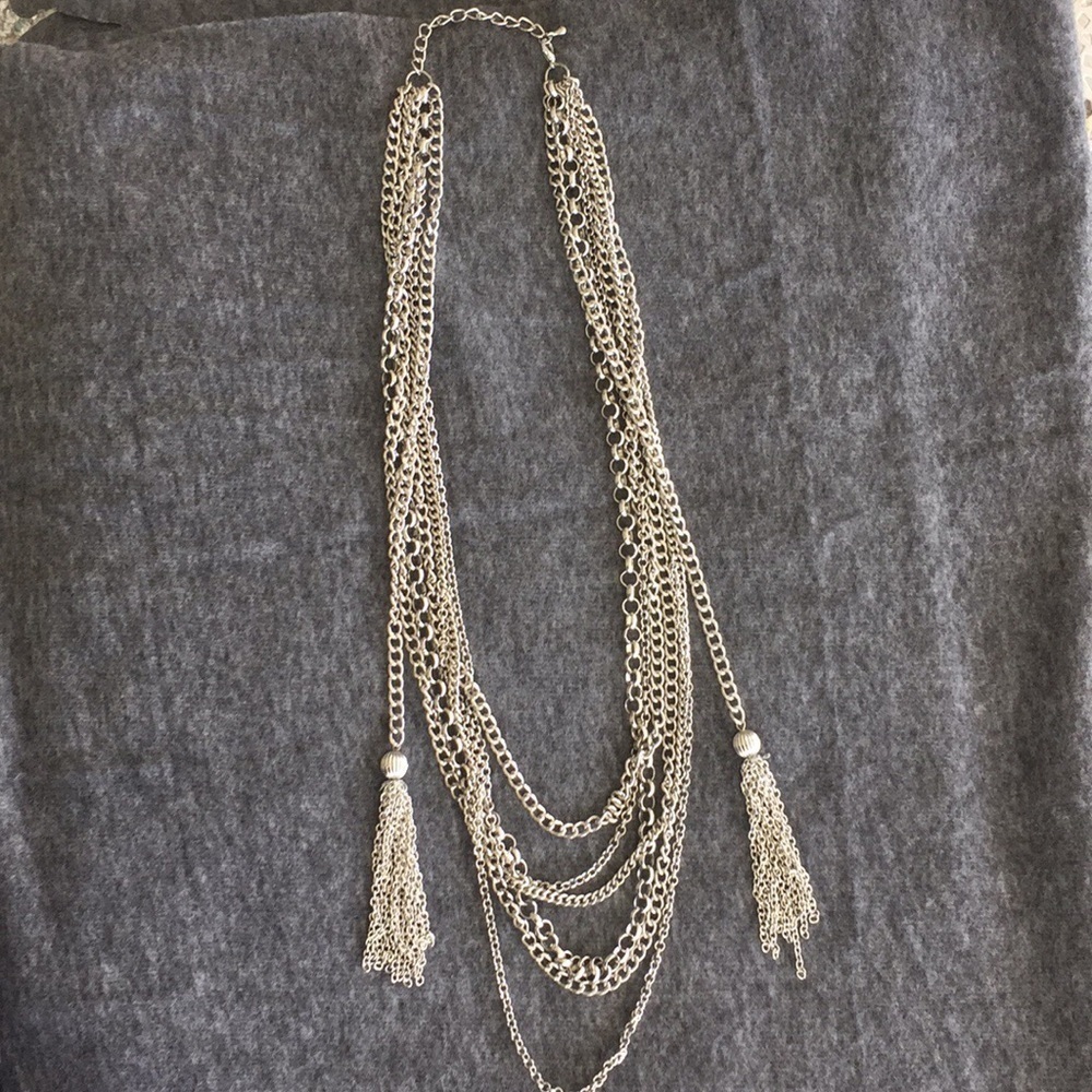 Multi chain and tassel faux silver necklace